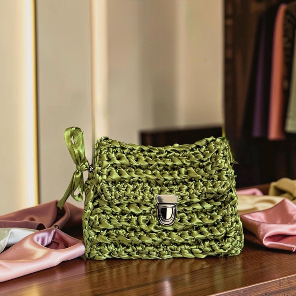 Olive green shoulder bag, worn view