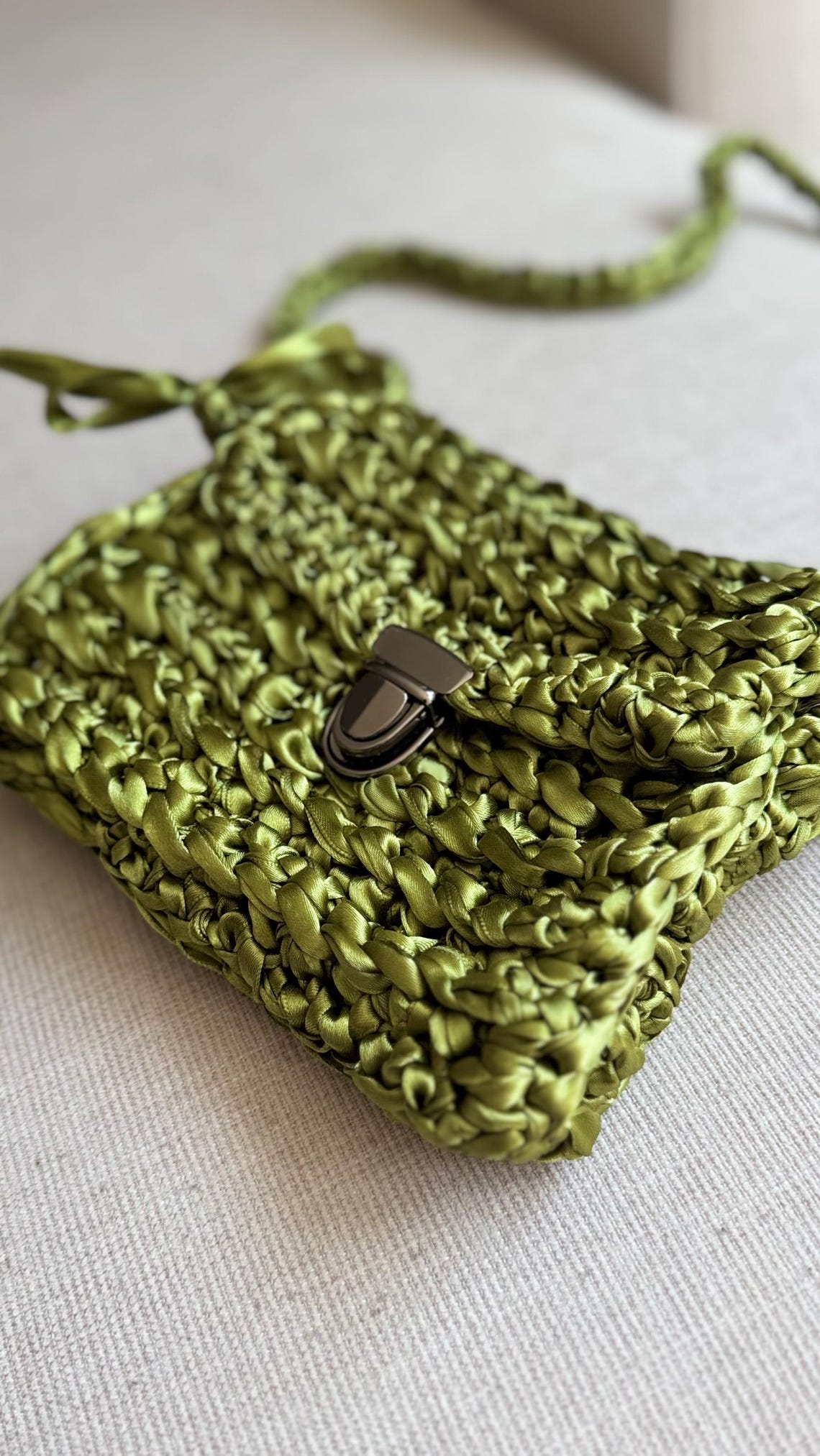 Olive green crochet shoulder bag with satin ribbon yarn