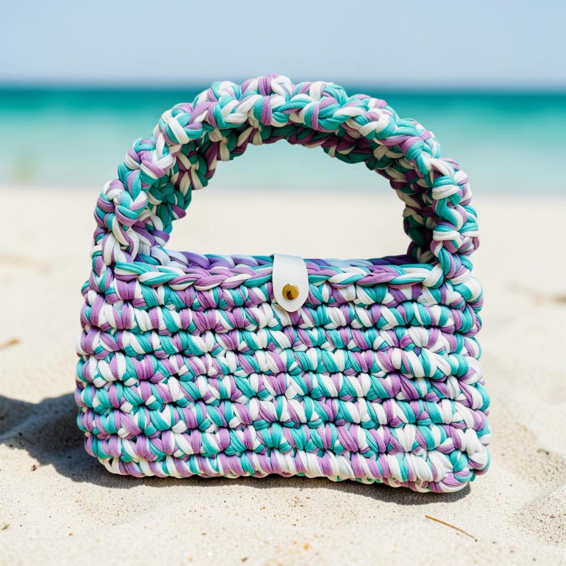 Pastel mint, lilac and white crochet handbag