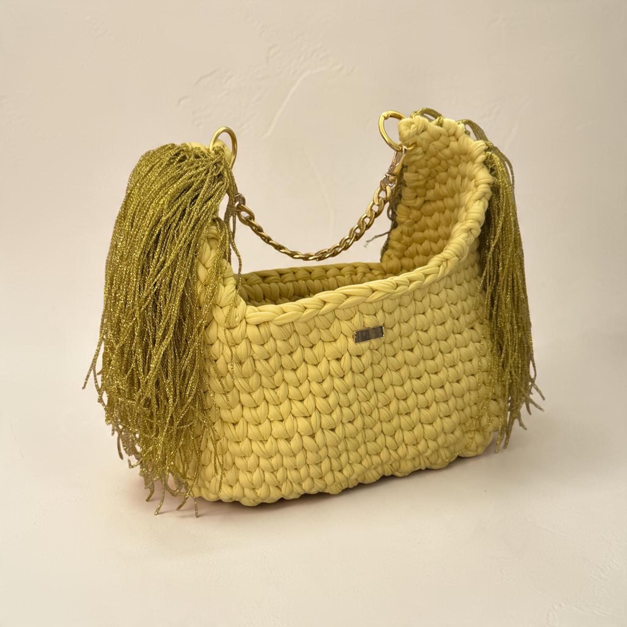 Pastel Yellow Gold Tassel Shoulder Bag, side view