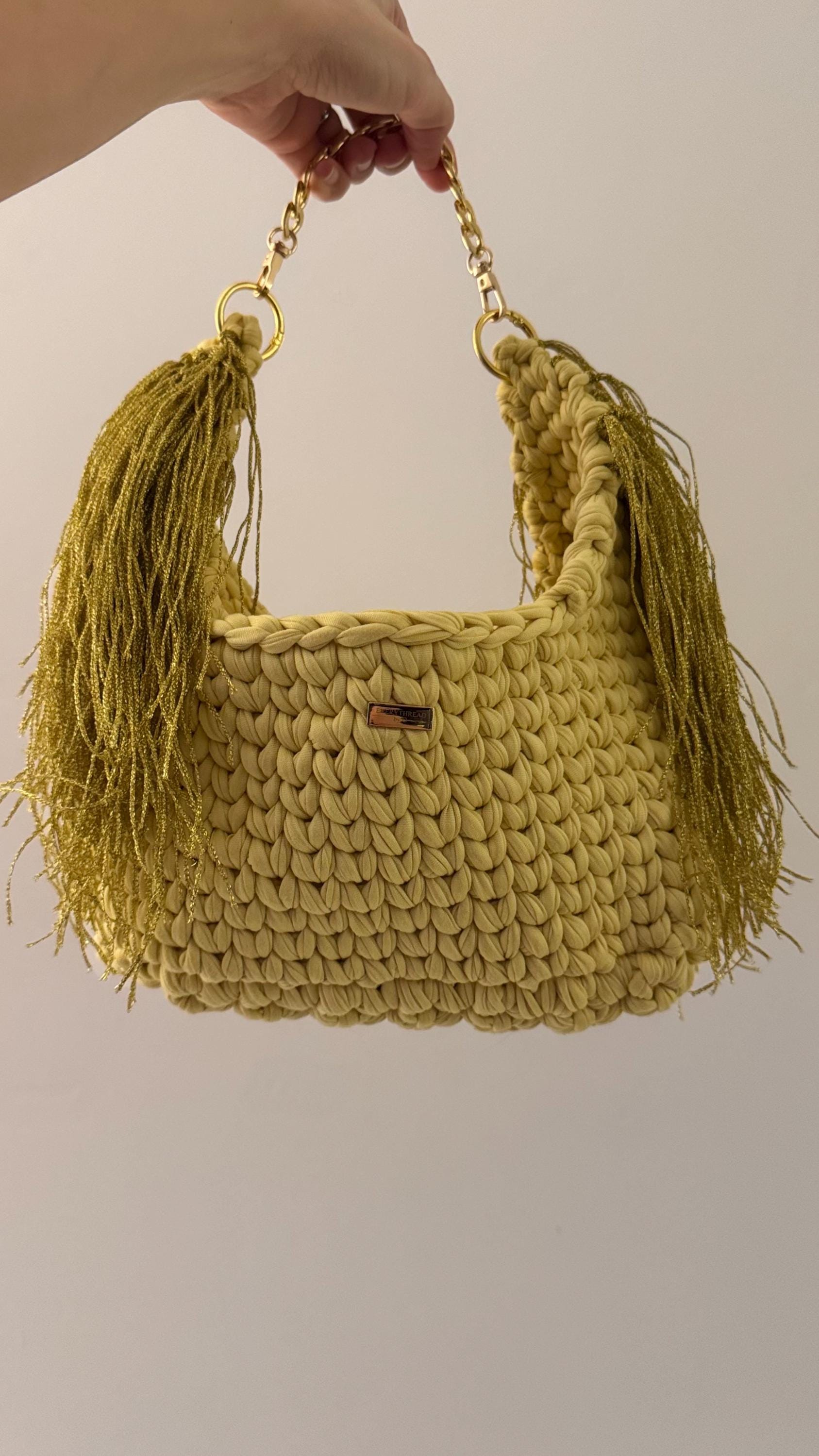 Pastel Yellow Gold Tassel Shoulder Bag, detail view