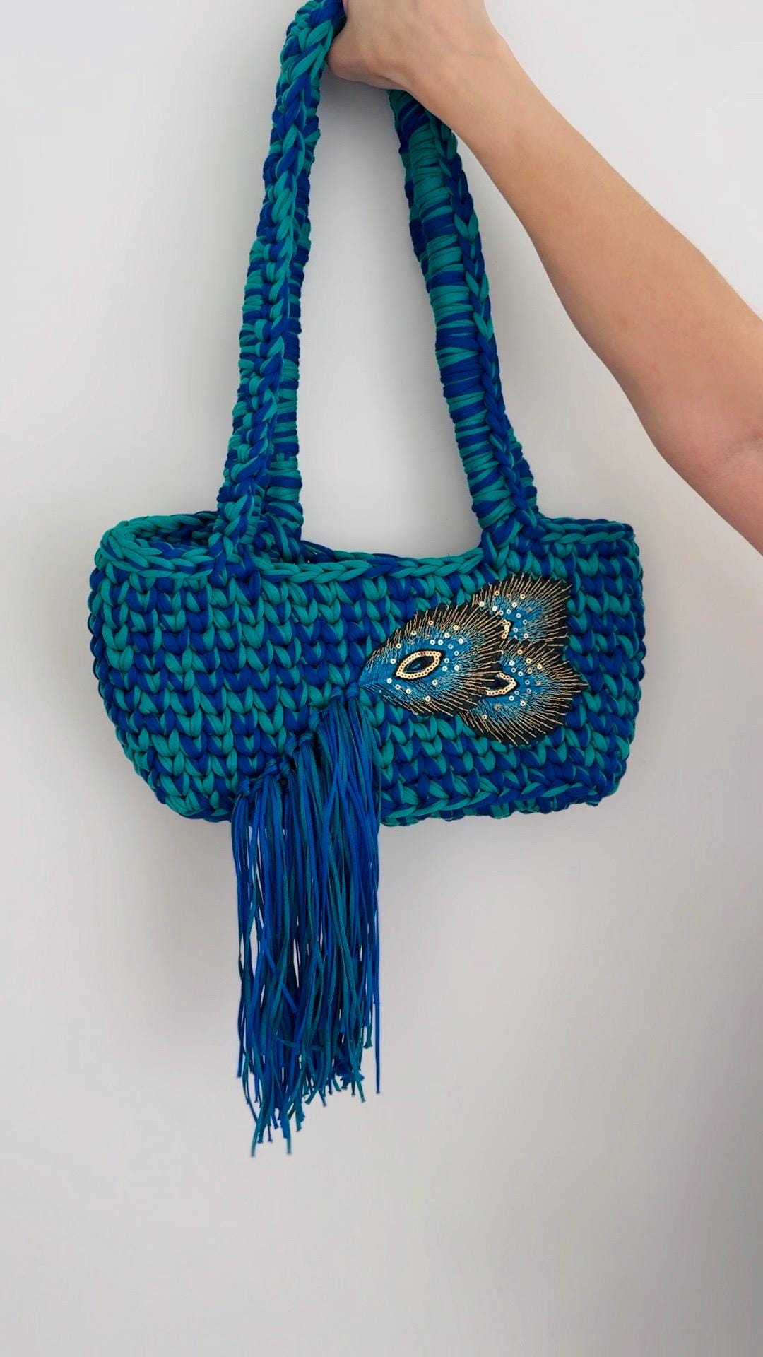 Peacock Appliqué Shoulder Bag, tassel detail