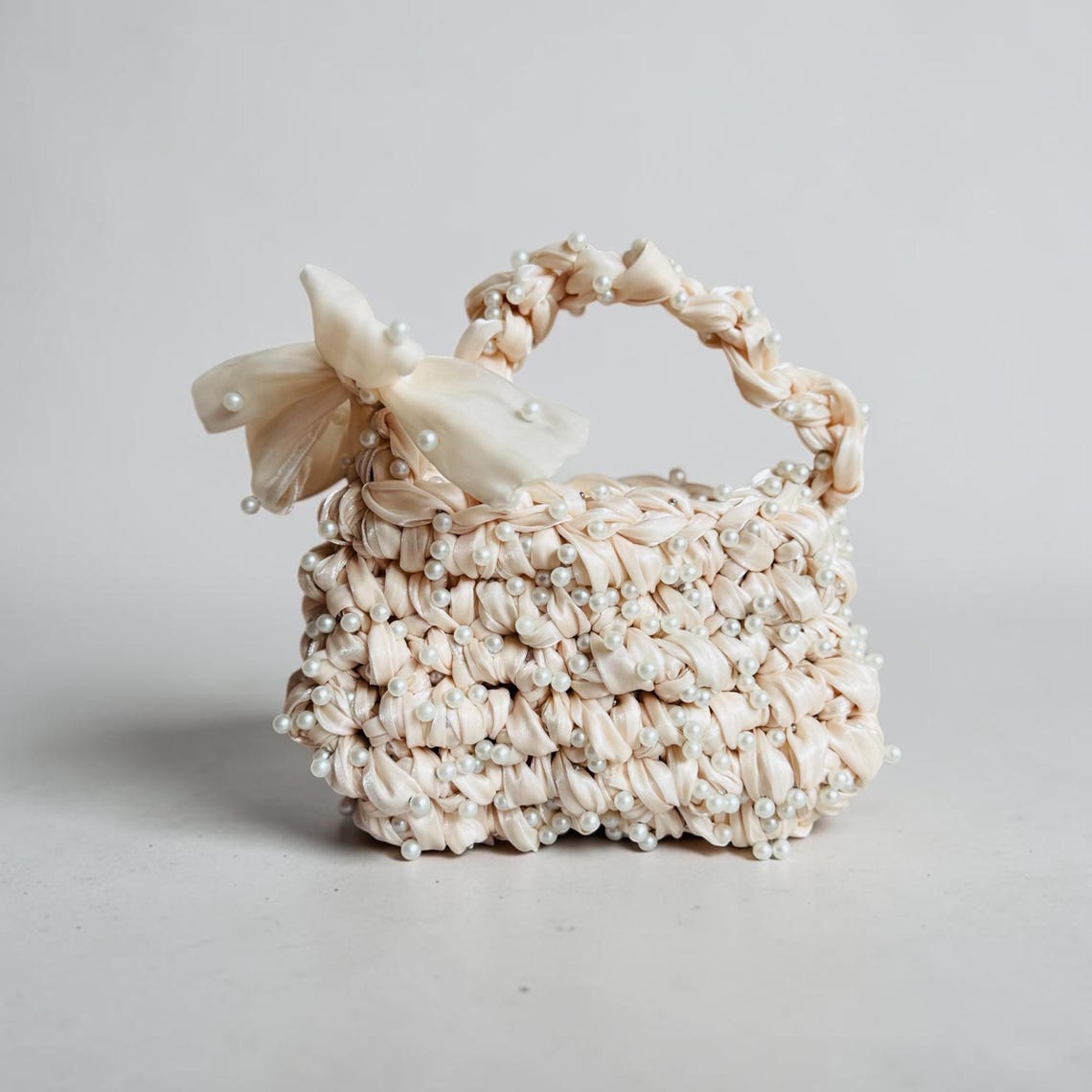 Pearl mini purse made from handmade satin ribbon