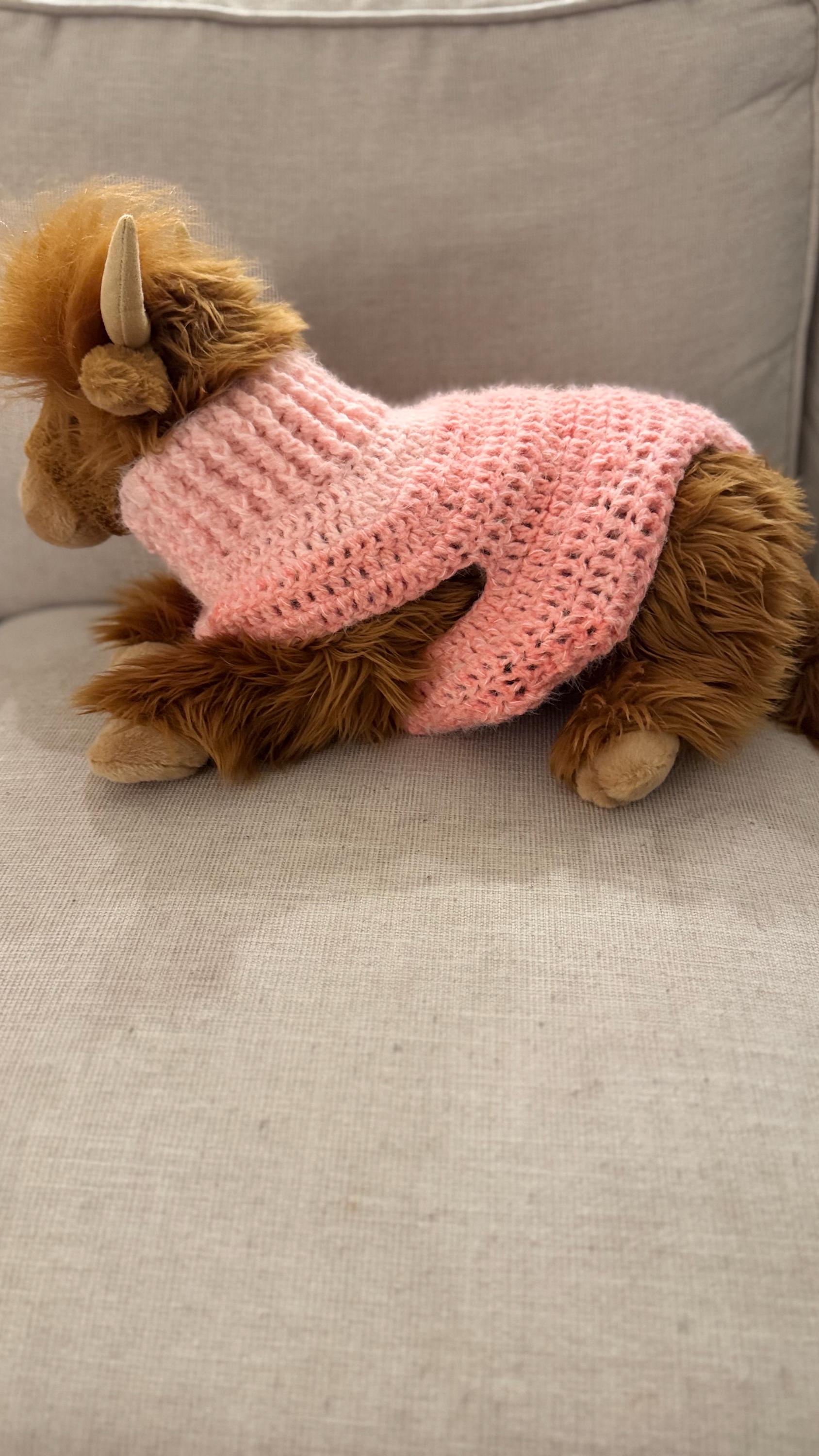 Pink Crochet Dog Sweater, worn view