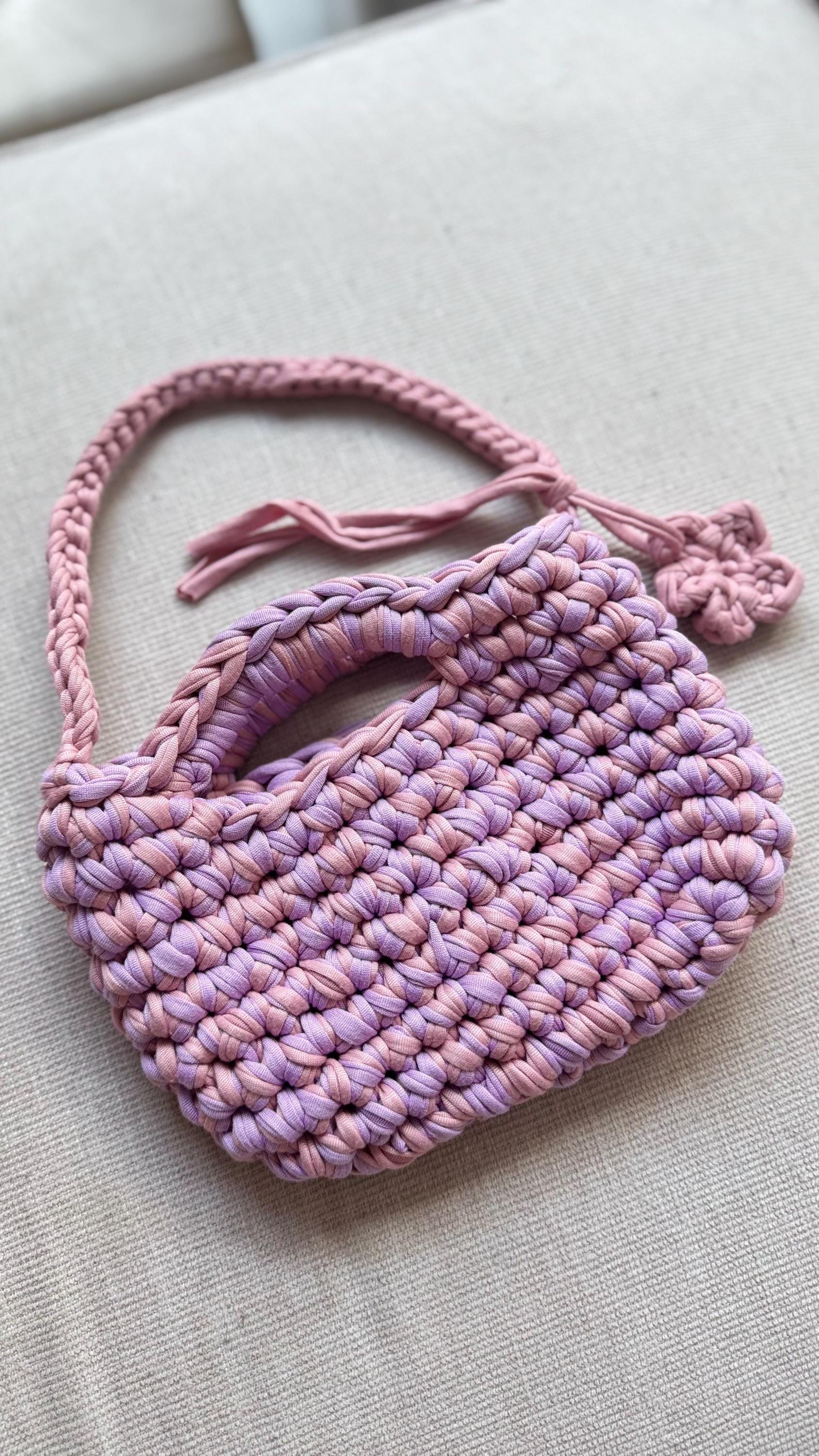 Handmade pastel pink and lilac crochet mini handbag for little girls