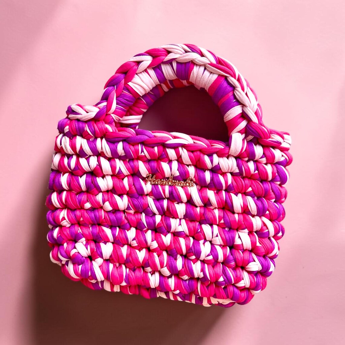 Pink and purple tote, side view