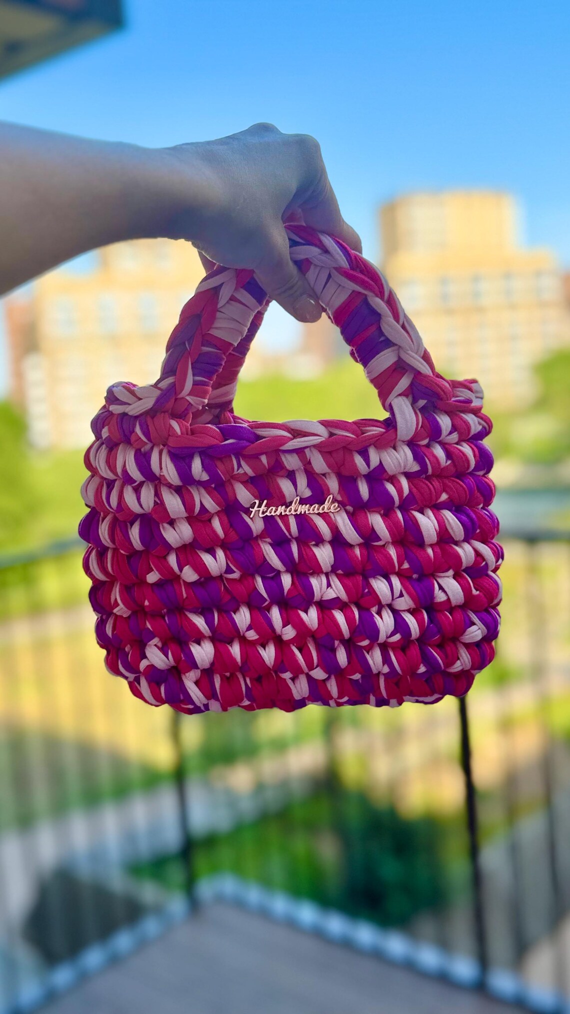 Pink and purple tote, detail view