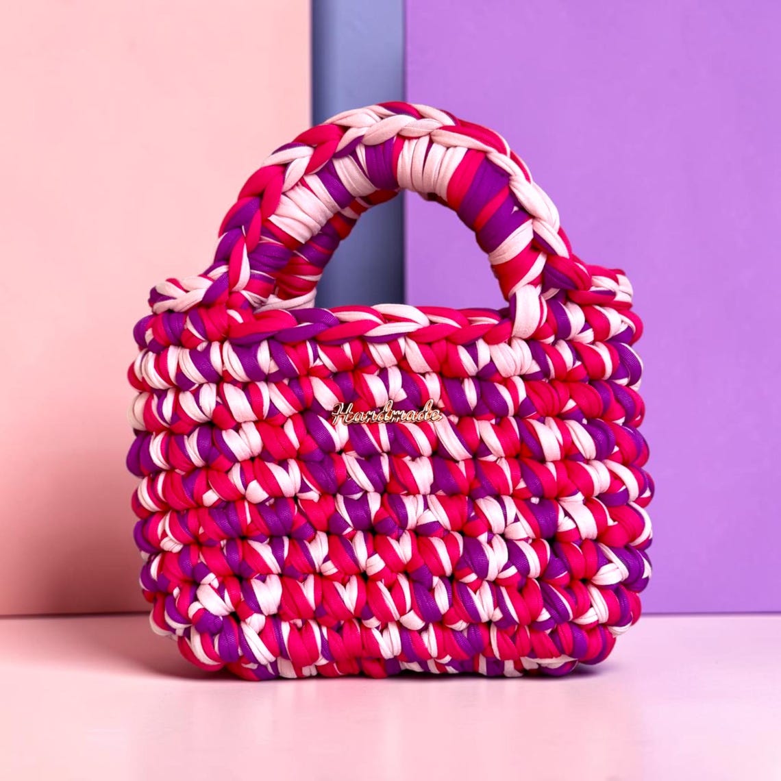 Pink and purple chunky crochet tote bag