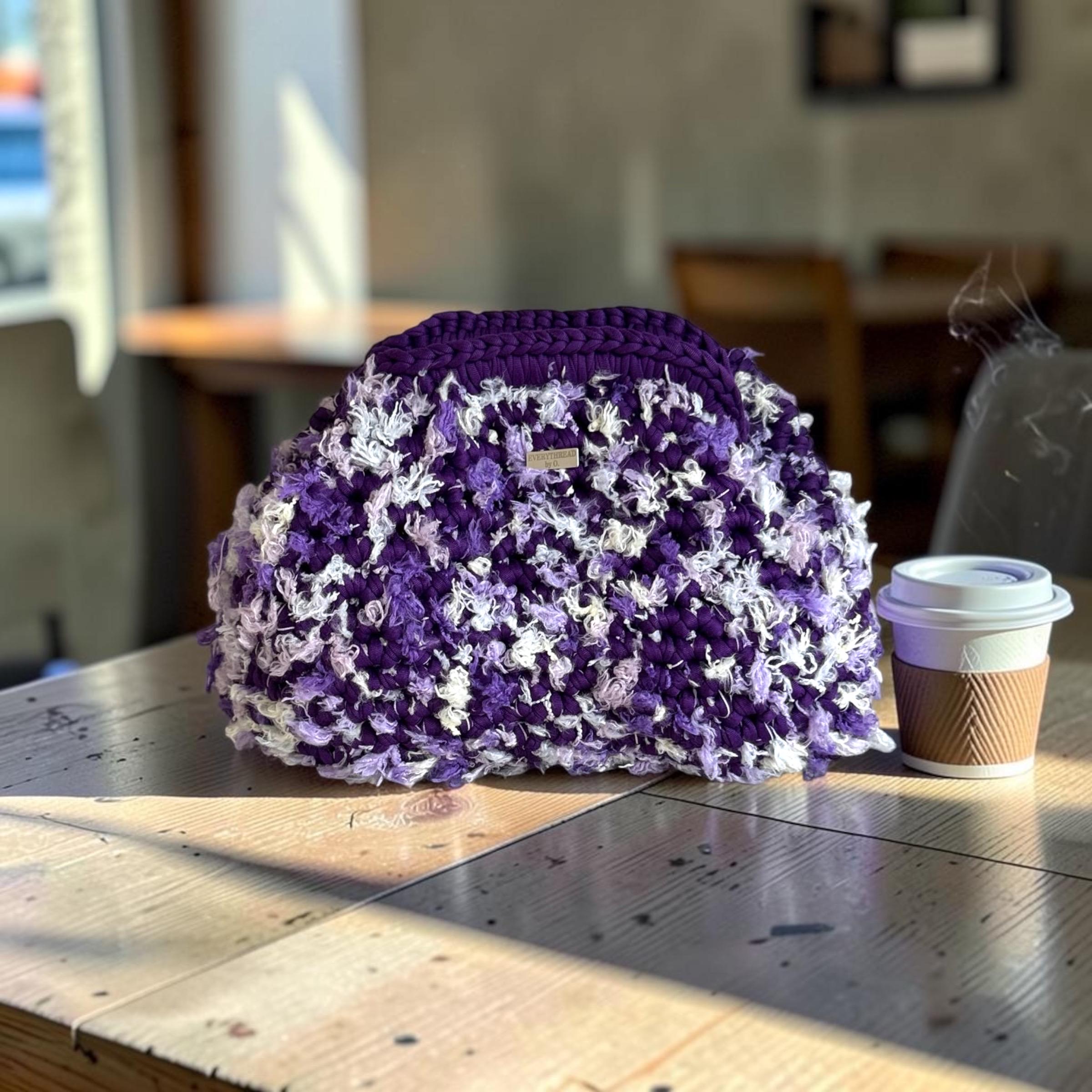 Purple & Lavender Floral Crochet Clutch, side view