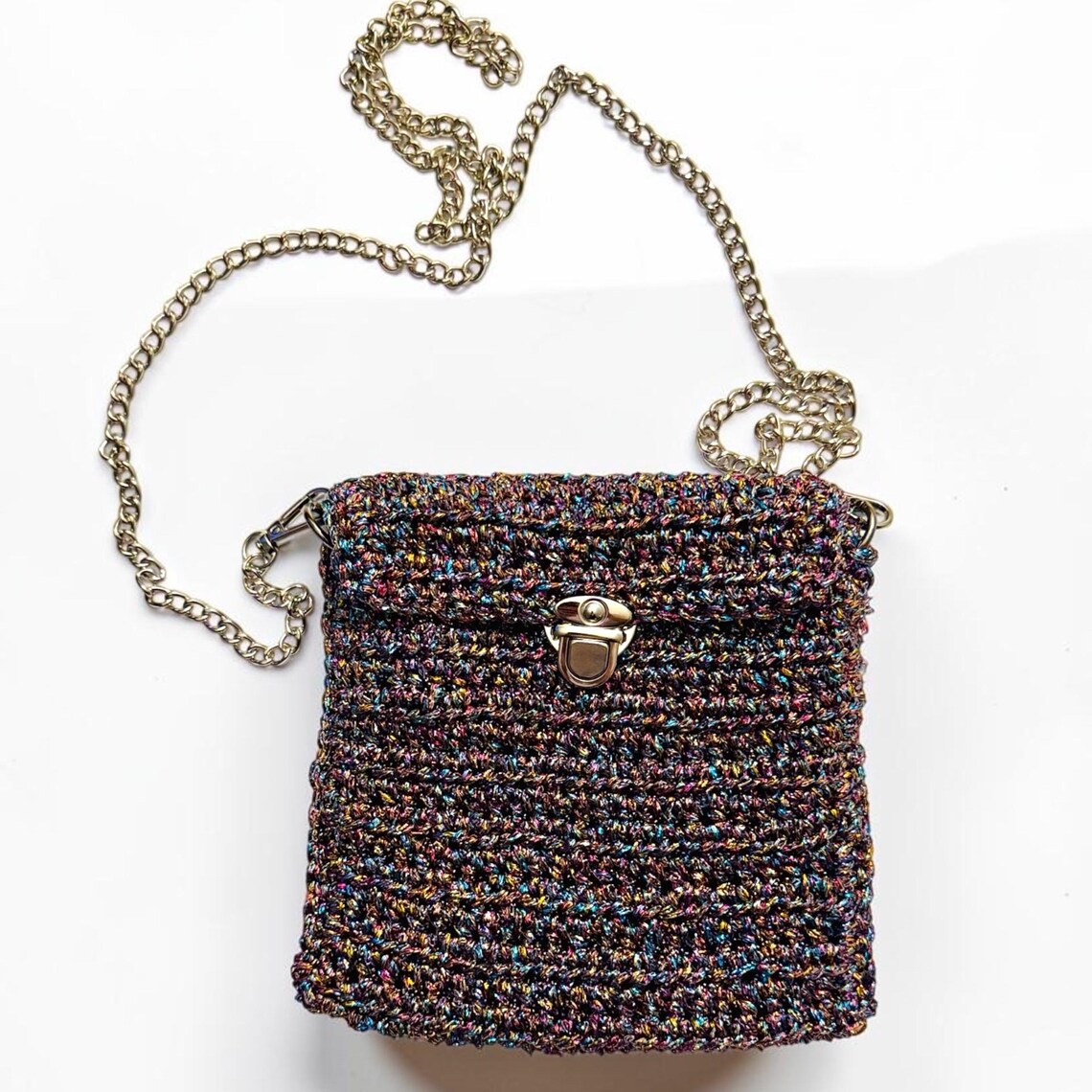 Rainbow metallic crochet crossbody bag with chain strap