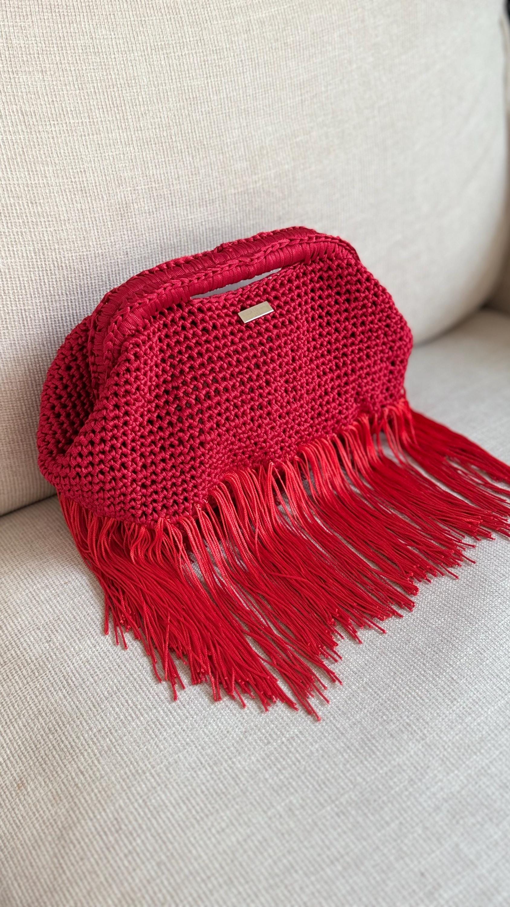 Red Crochet Fringe Clutch, close-up of fringe detail