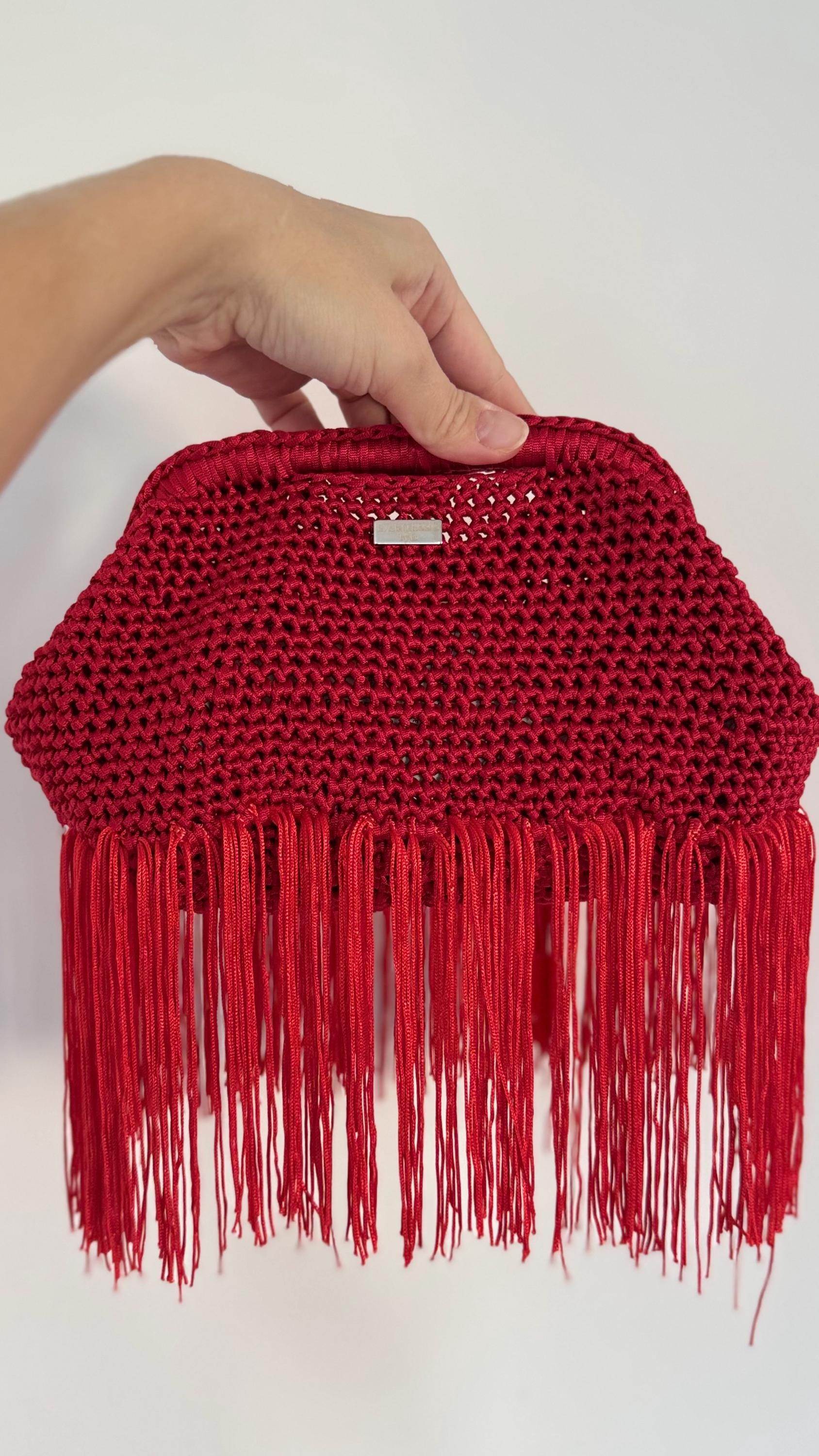 Red Crochet Fringe Clutch, side view
