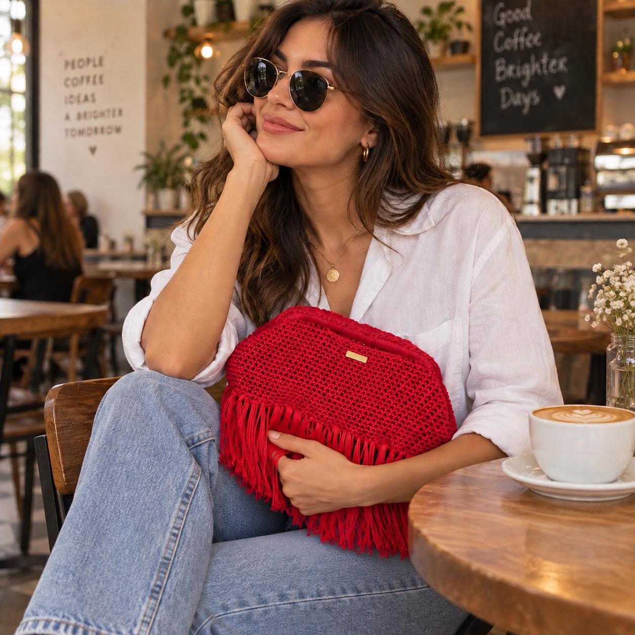Red Crochet Fringe Clutch, styled view