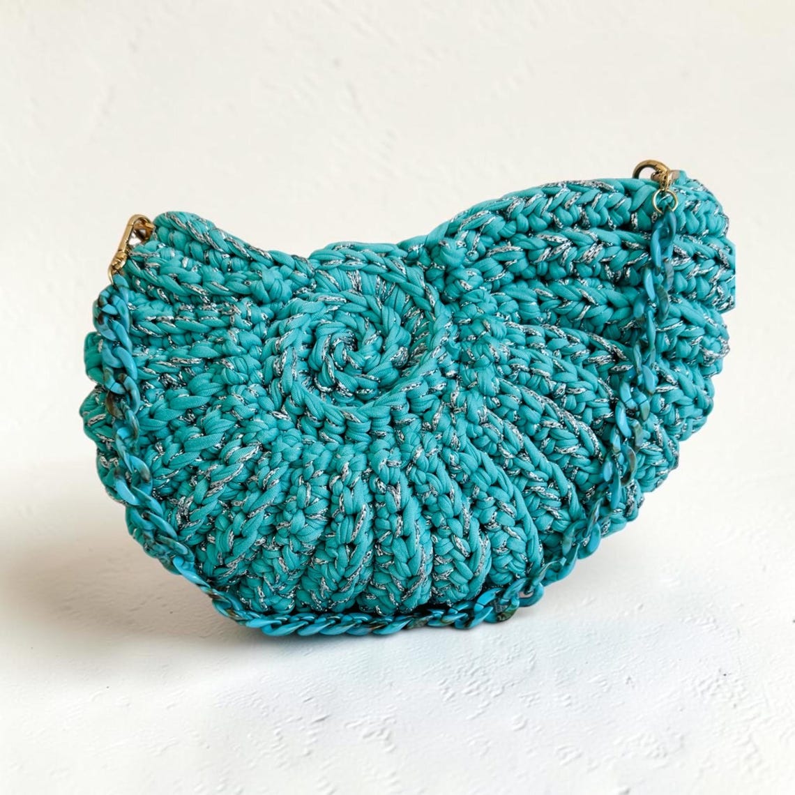 Handmade seashell crochet bag in turquoise and silver
