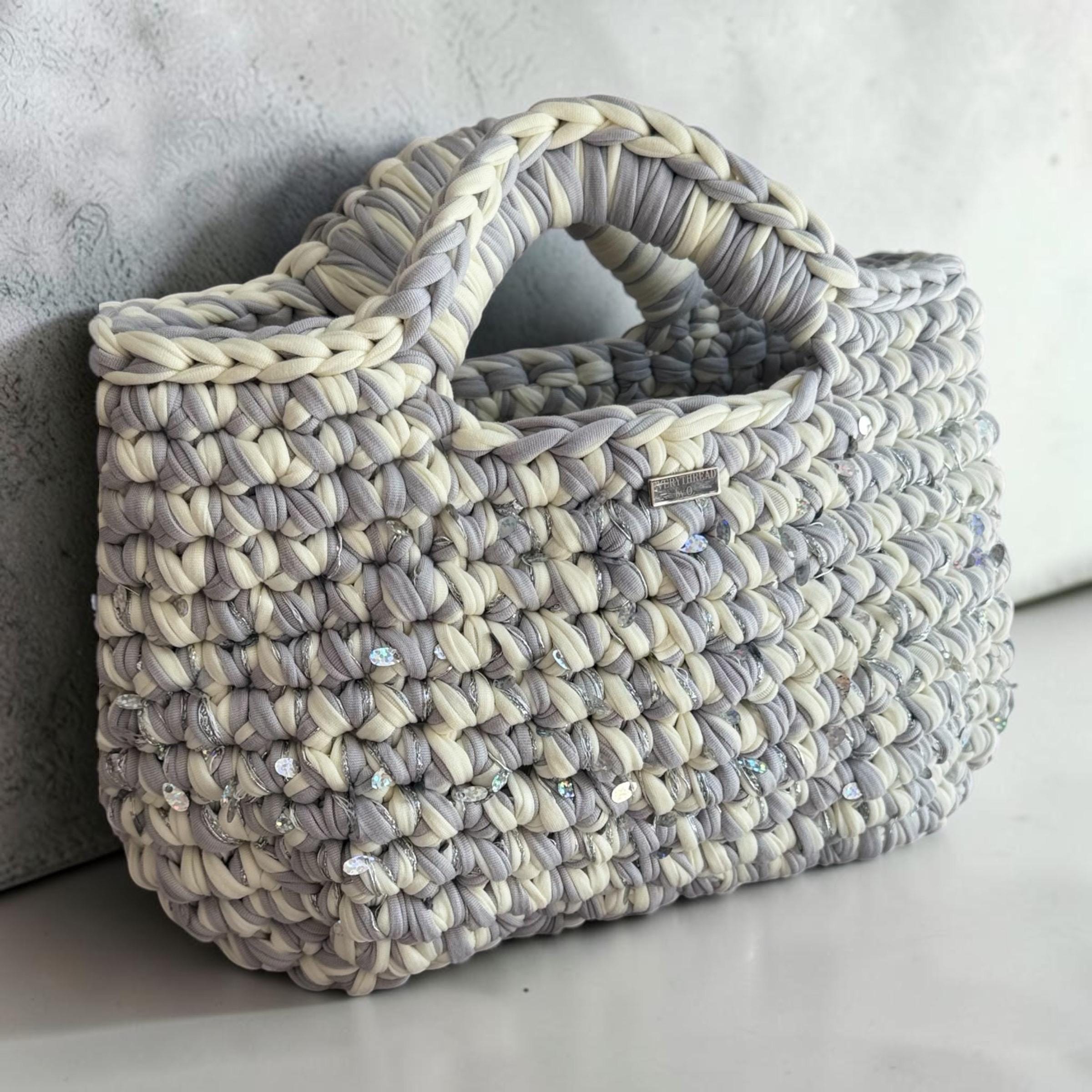 Sparkly grey and cream tote bag, side view