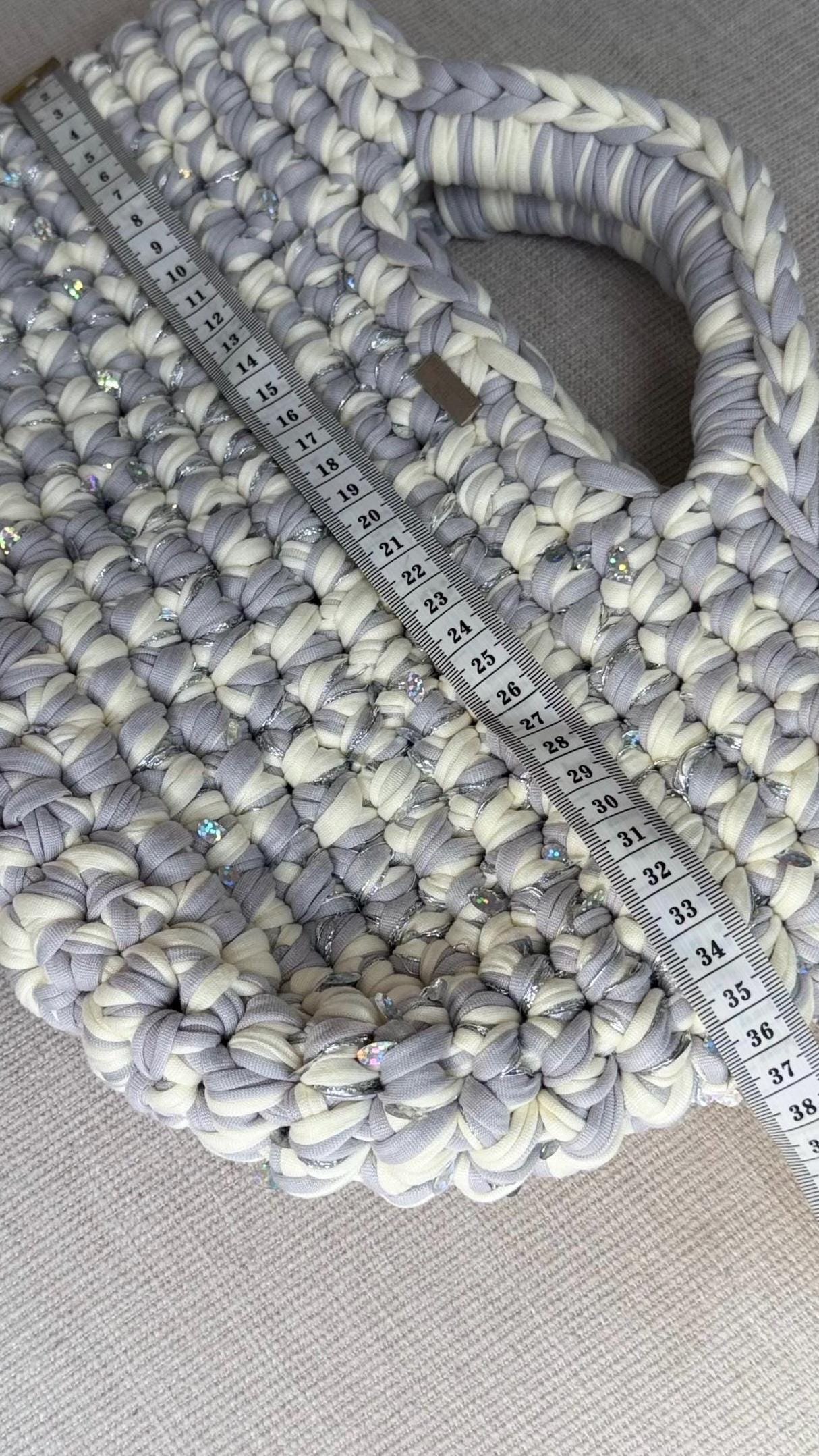 Sparkly grey and cream tote bag, detail view