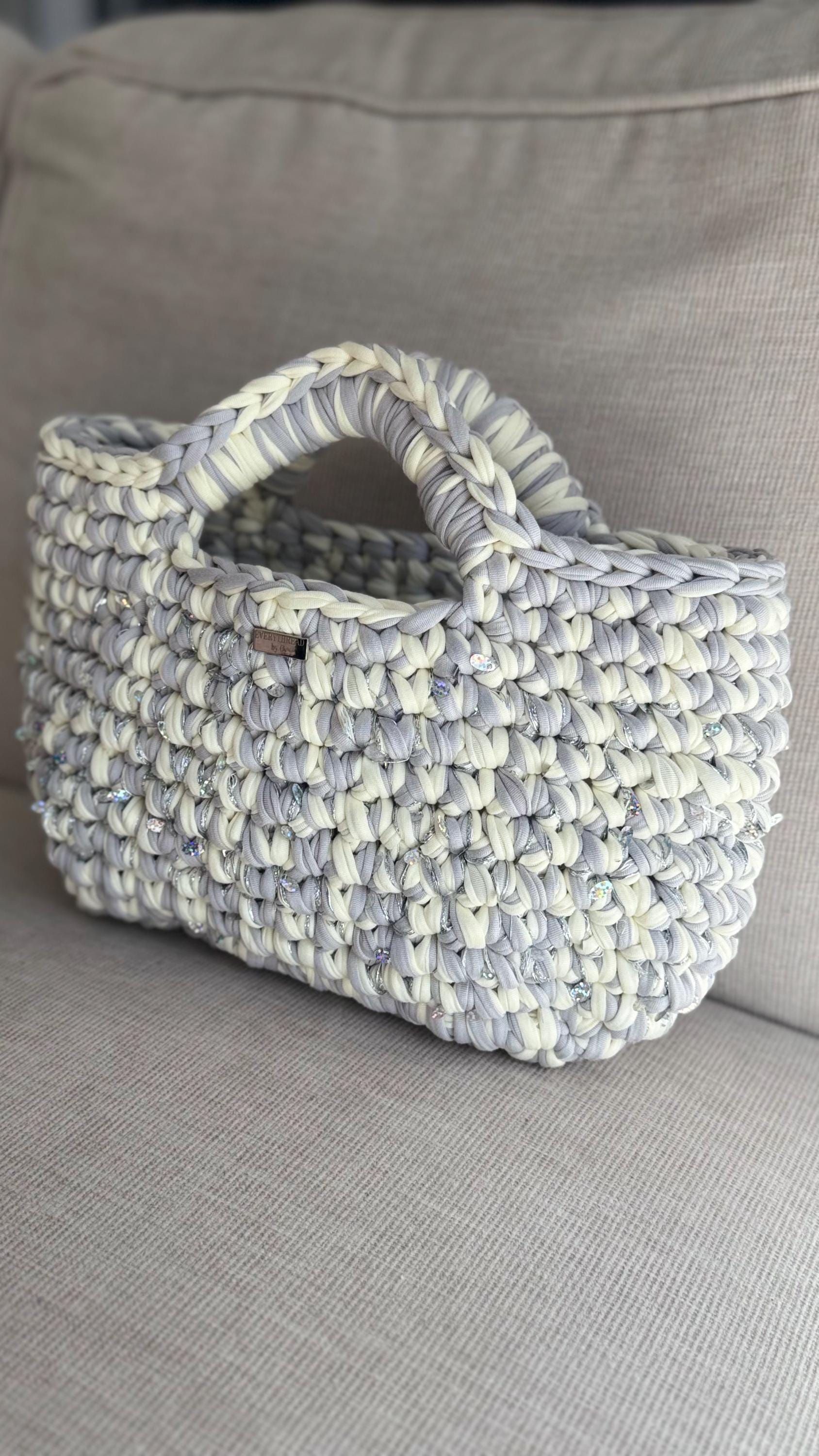 Sparkly grey and cream tote bag, styled view
