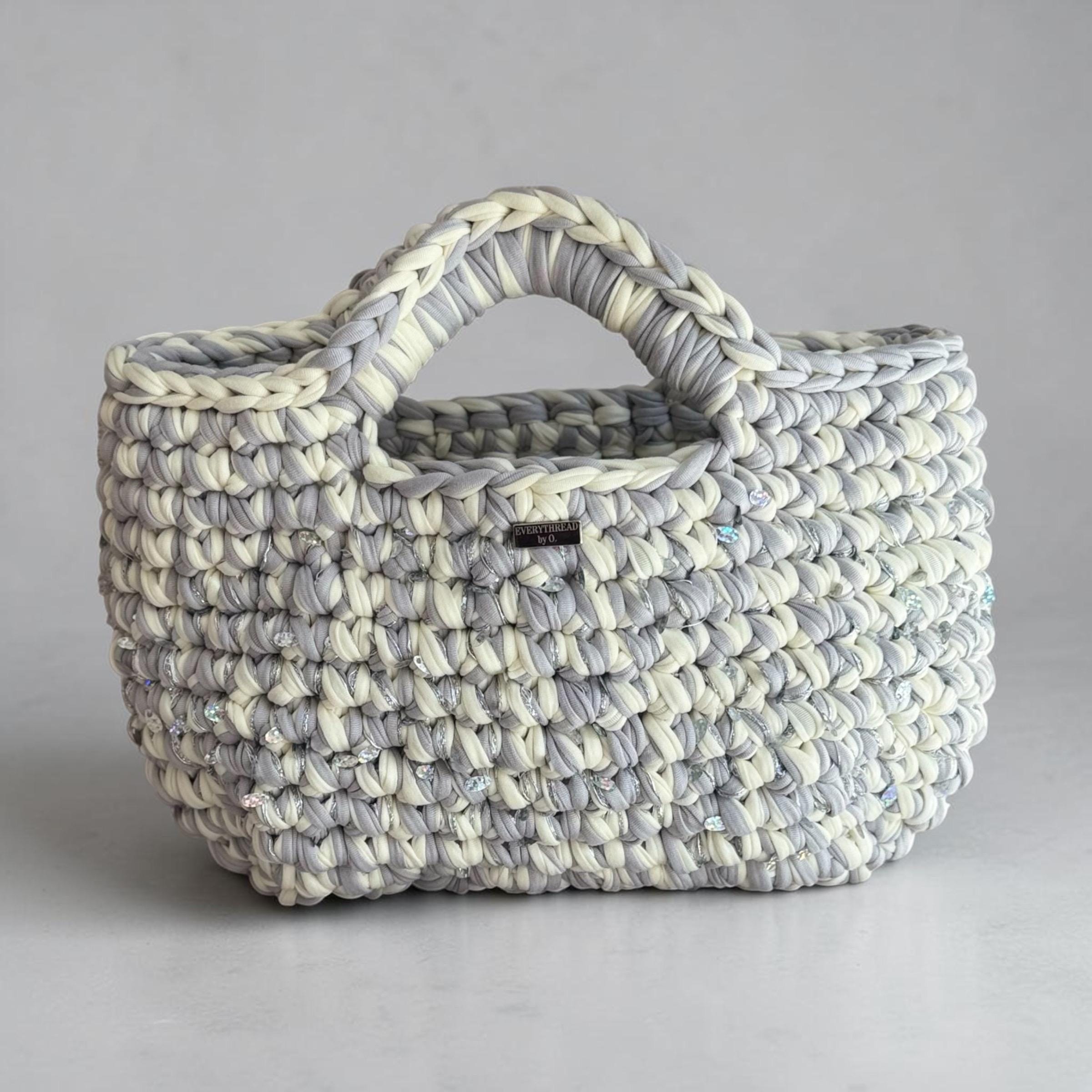 Sparkly grey and cream crochet tote bag with silver sequin thread