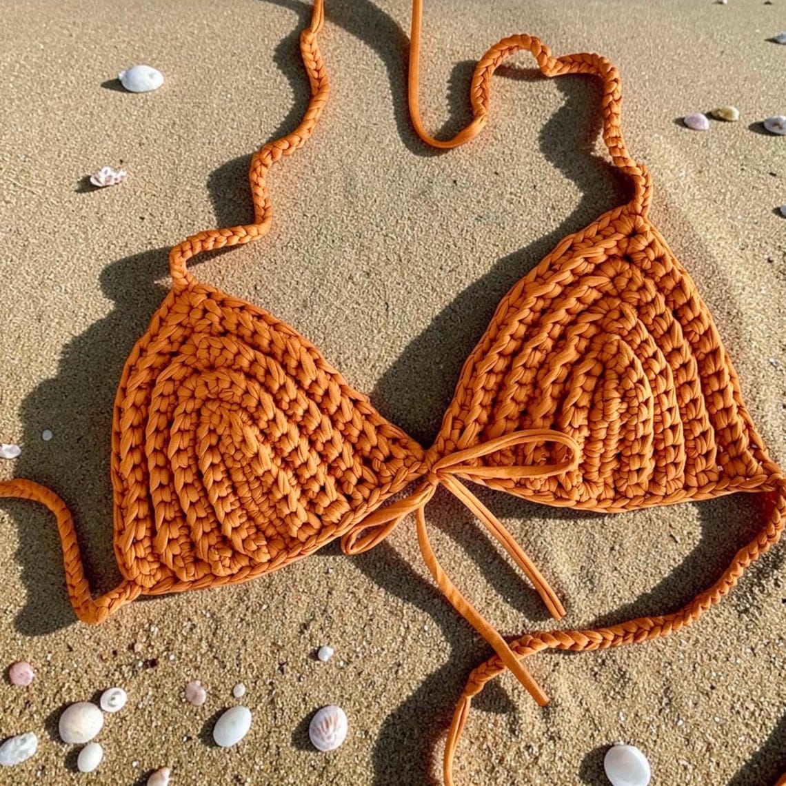 Turmeric yellow crochet triangle bikini top with adjustable ties