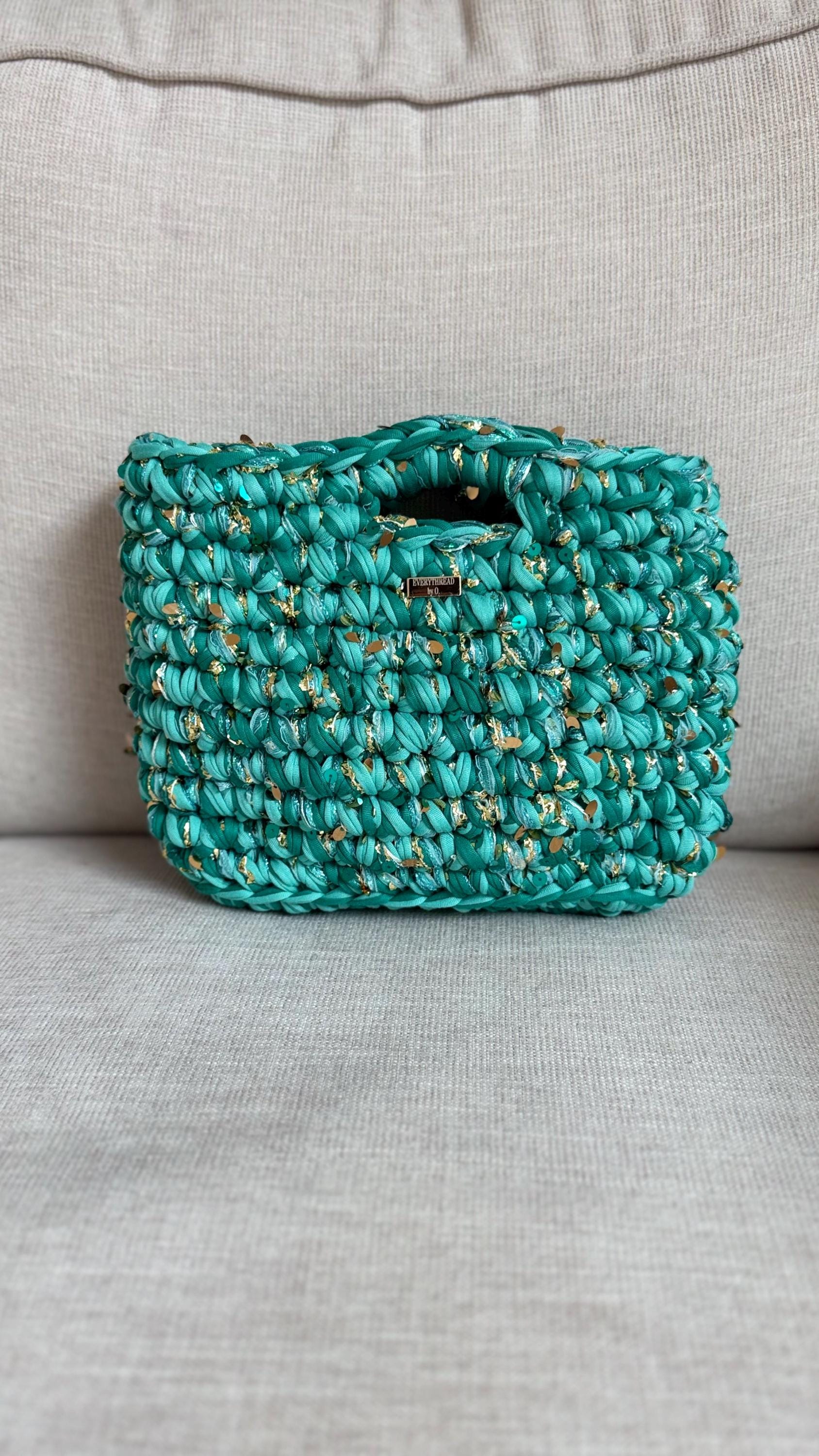 Turquoise Crochet Statement Handbag, handle detail