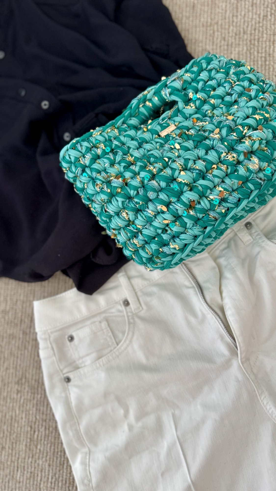 Turquoise Crochet Statement Handbag, styled with outfit