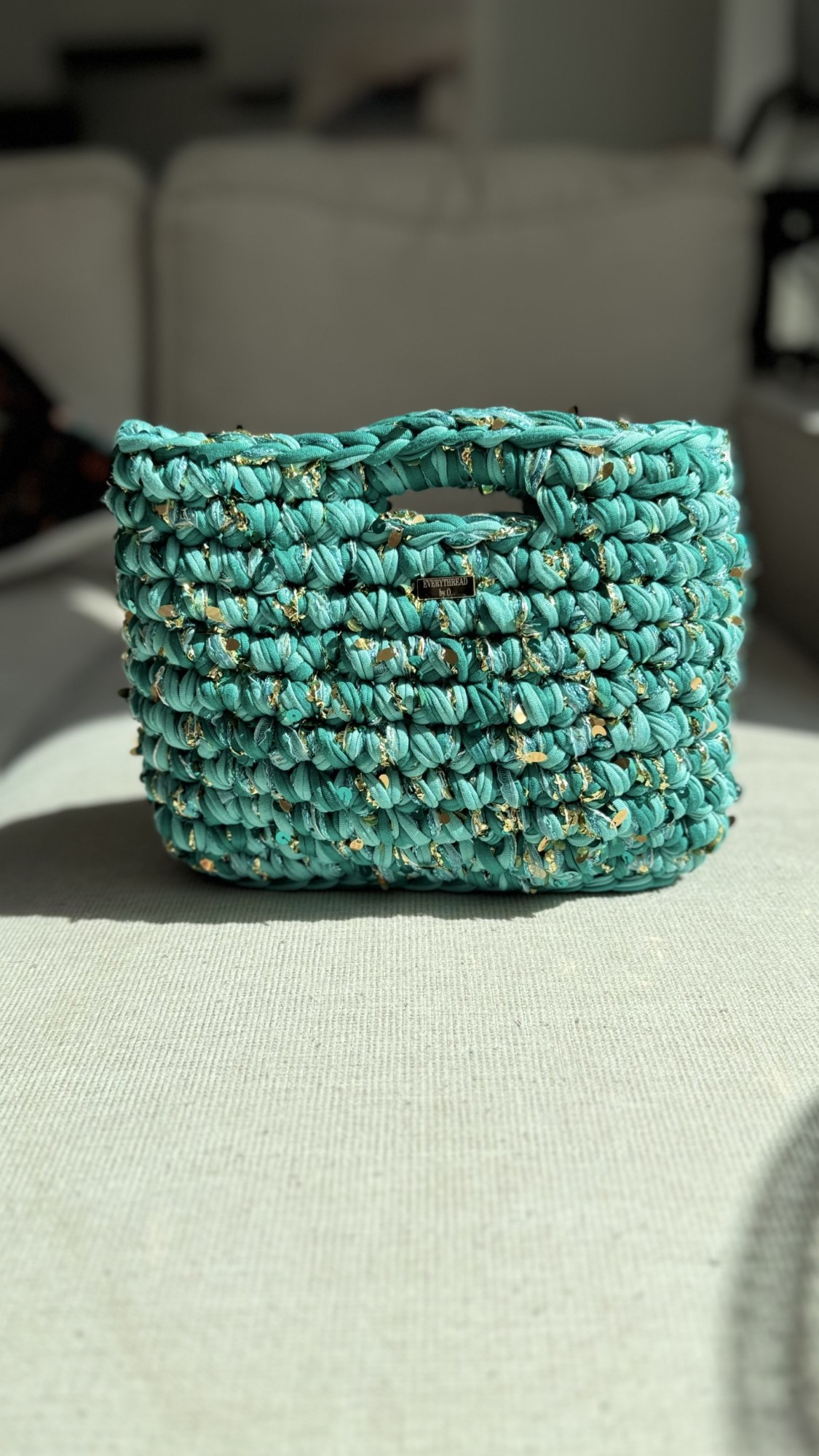 Turquoise Crochet Statement Handbag, lifestyle view