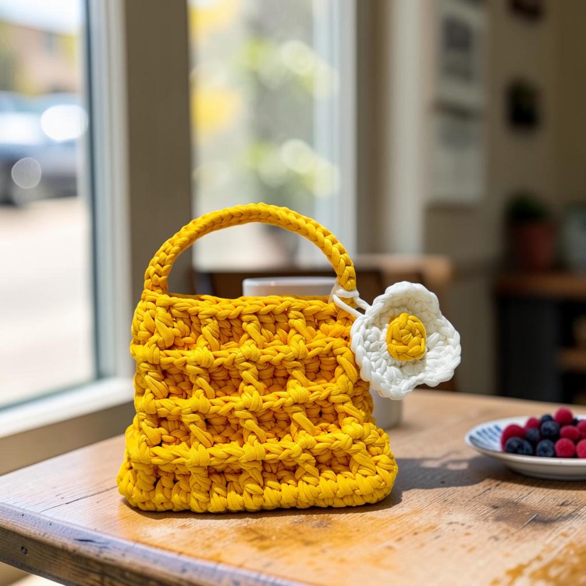 Yellow micro waffle crochet bag with a fried egg charm